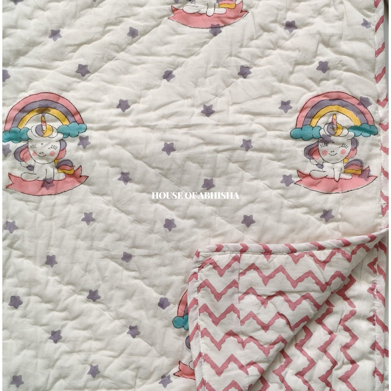 Unicorn Handblock Printed Mulmul Kids Quilt