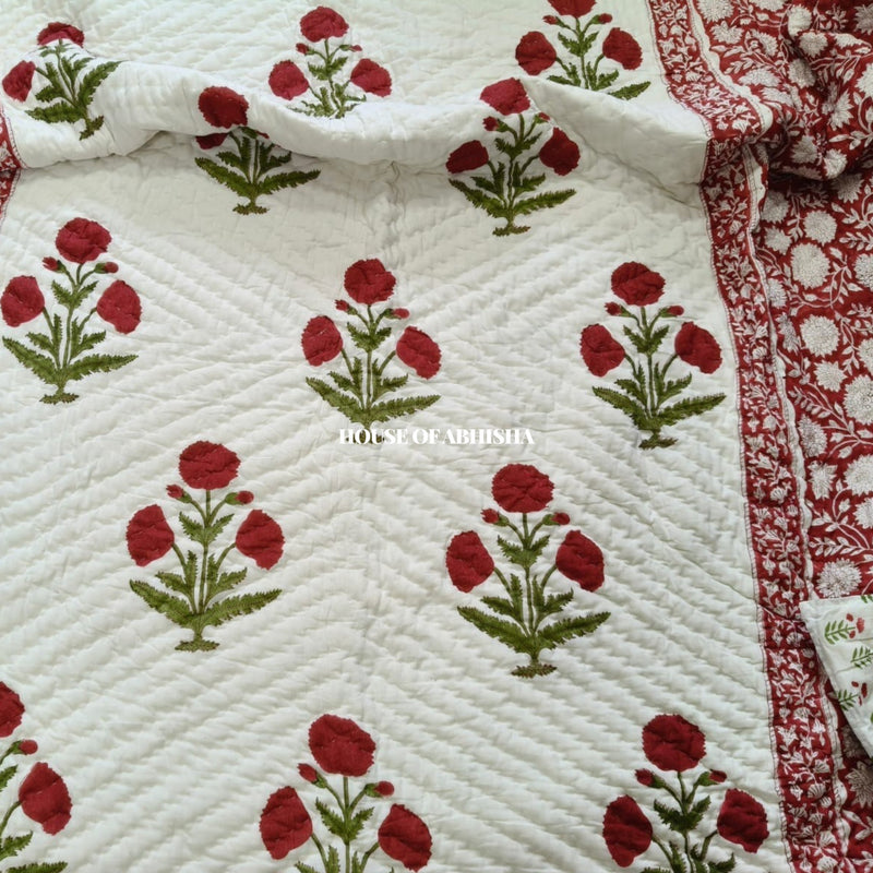 Red Marigold Reversible Organic Mulmul Cotton Quilt – Set of 2