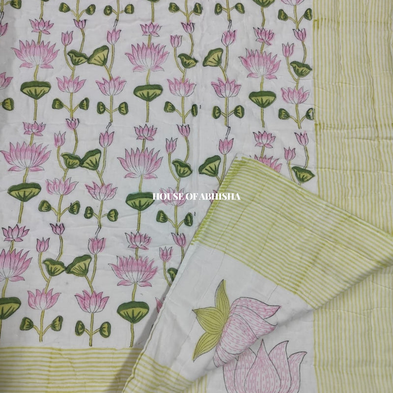 Pink Bloom Reversible Organic Mulmul Cotton Quilt – Set of 2