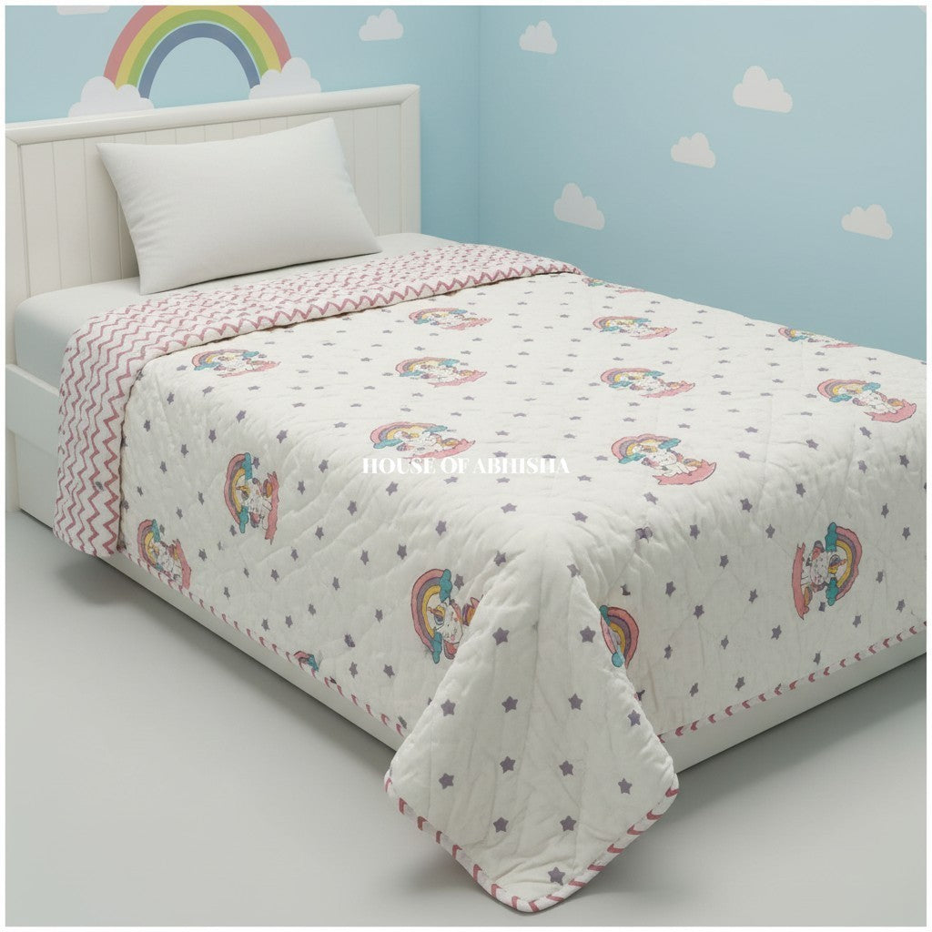 Unicorn Handblock Printed Mulmul Kids Quilt