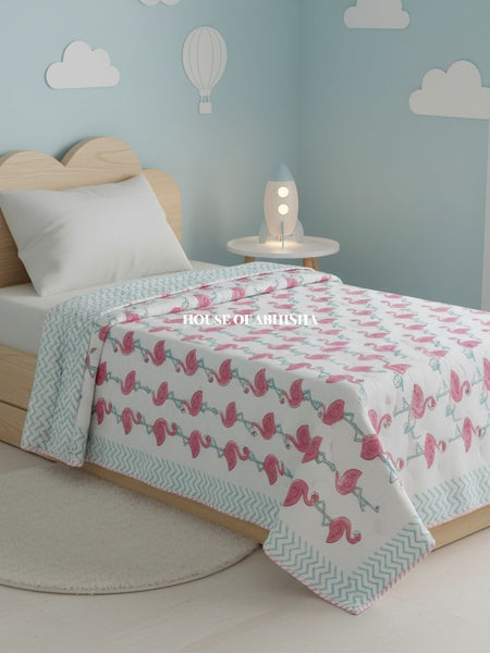 Flamingo Handblock Printed Mulmul Kids Dohar / AC Blanket