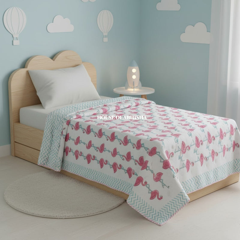 Flamingo Handblock Printed Mulmul Kids Dohar / AC Blanket