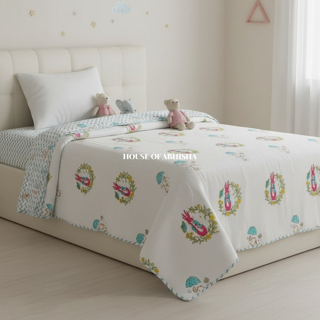Bunny Handblock Printed Mulmul Kids Dohar / AC Blanket