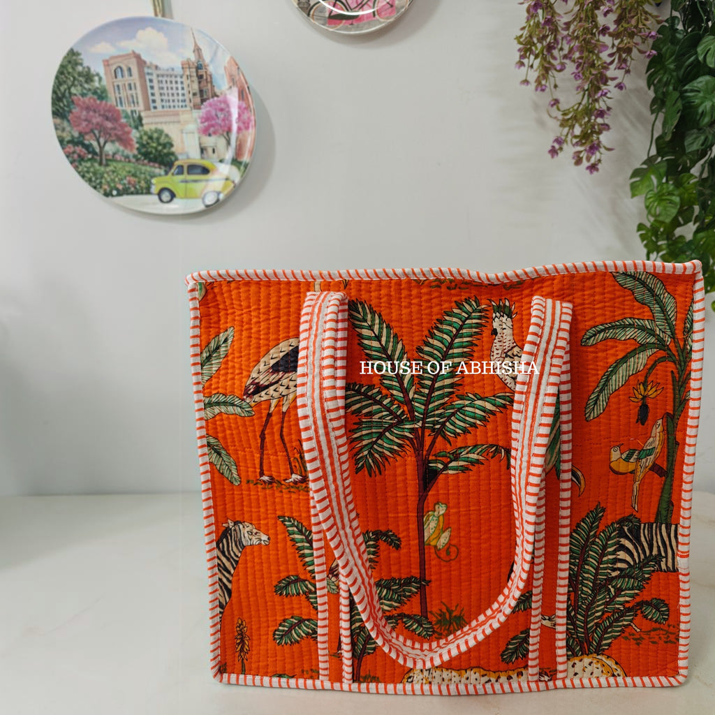 Orange Jungle Quilted Cotton Tote Bag