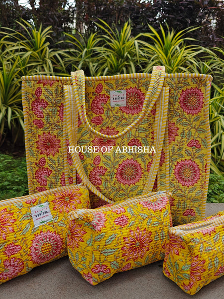 Bageecha Quilted Cotton Tote Bag + Pouch (Set of 3) Combo