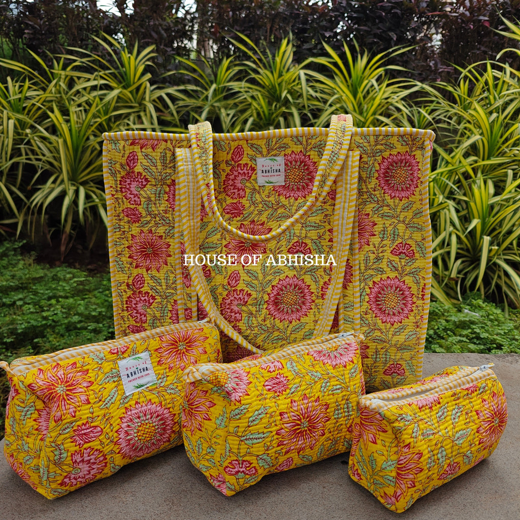 Bageecha Quilted Cotton Tote Bag + Pouch (Set of 3) Combo
