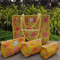 Bageecha Quilted Cotton Tote Bag + Pouch (Set of 3) Combo
