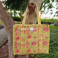 Bageecha Quilted Cotton Tote Bag + Pouch (Set of 3) Combo
