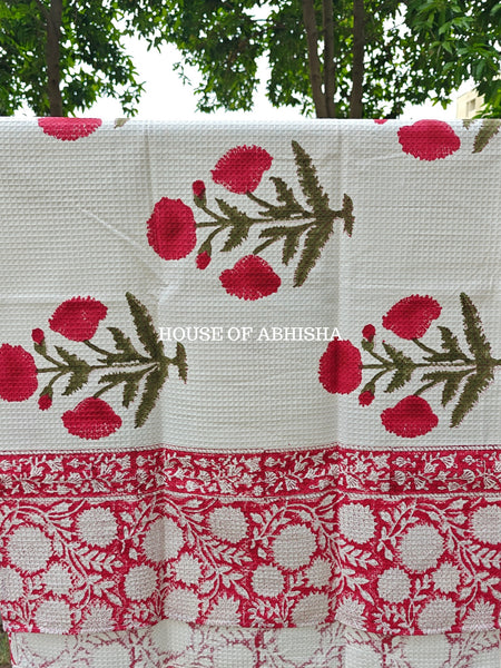 Red Poppy Handblock Waffle Cotton Towel