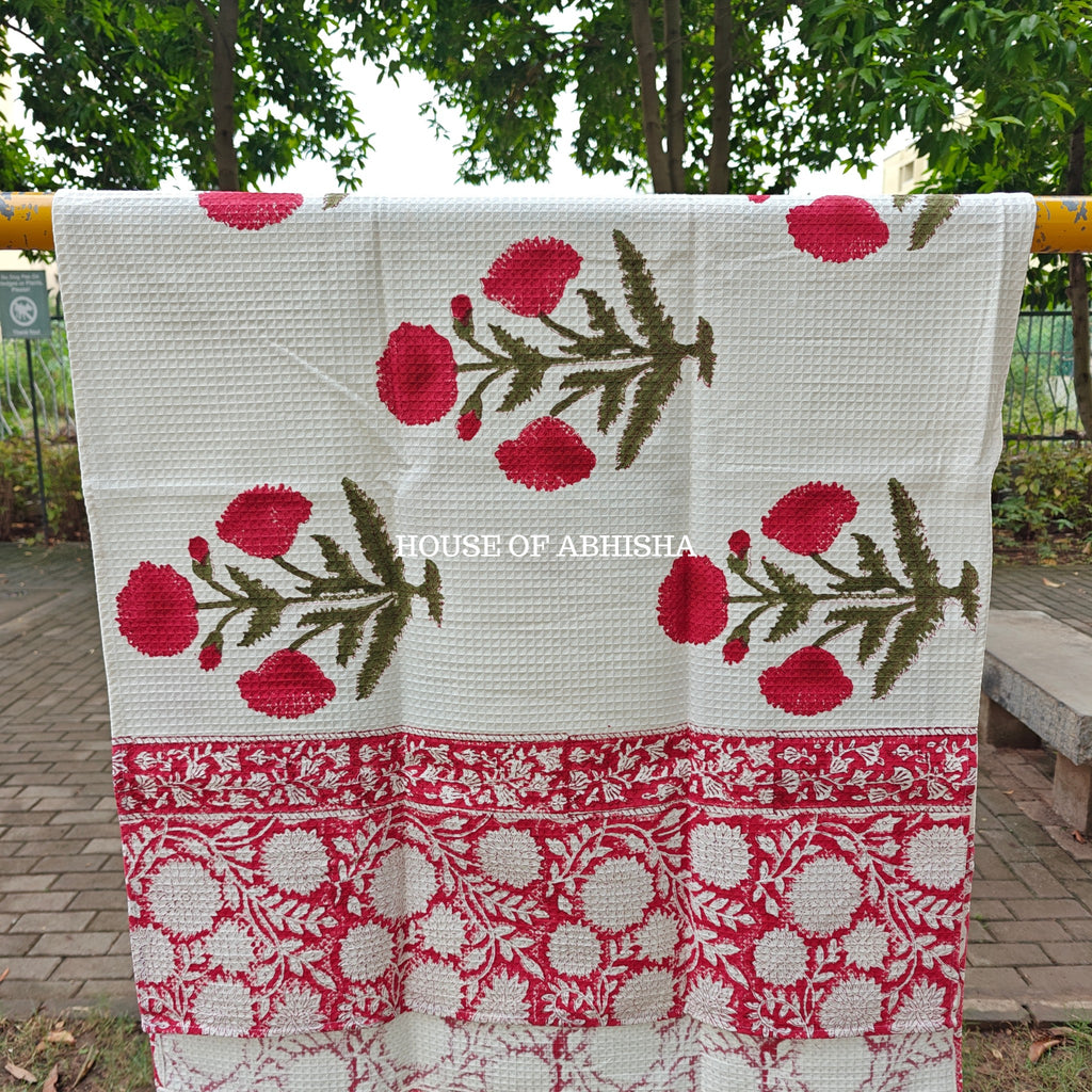 Red Poppy Handblock Waffle Cotton Towel