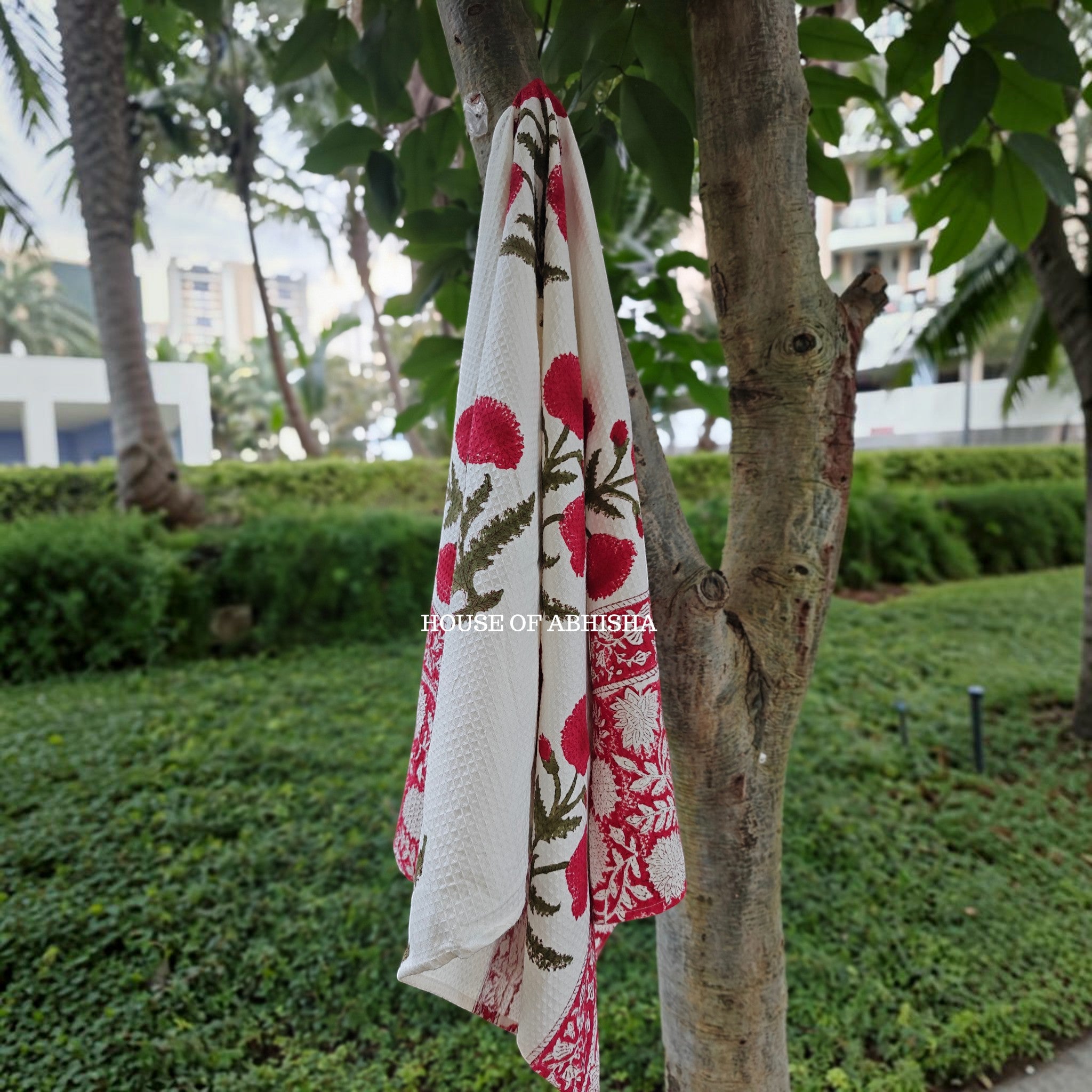 Red Poppy Handblock Waffle Cotton Towel