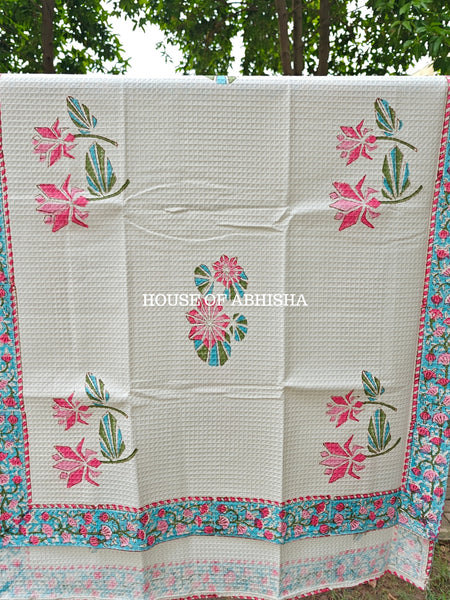 Pink Lily Handblock Waffle Cotton Towel