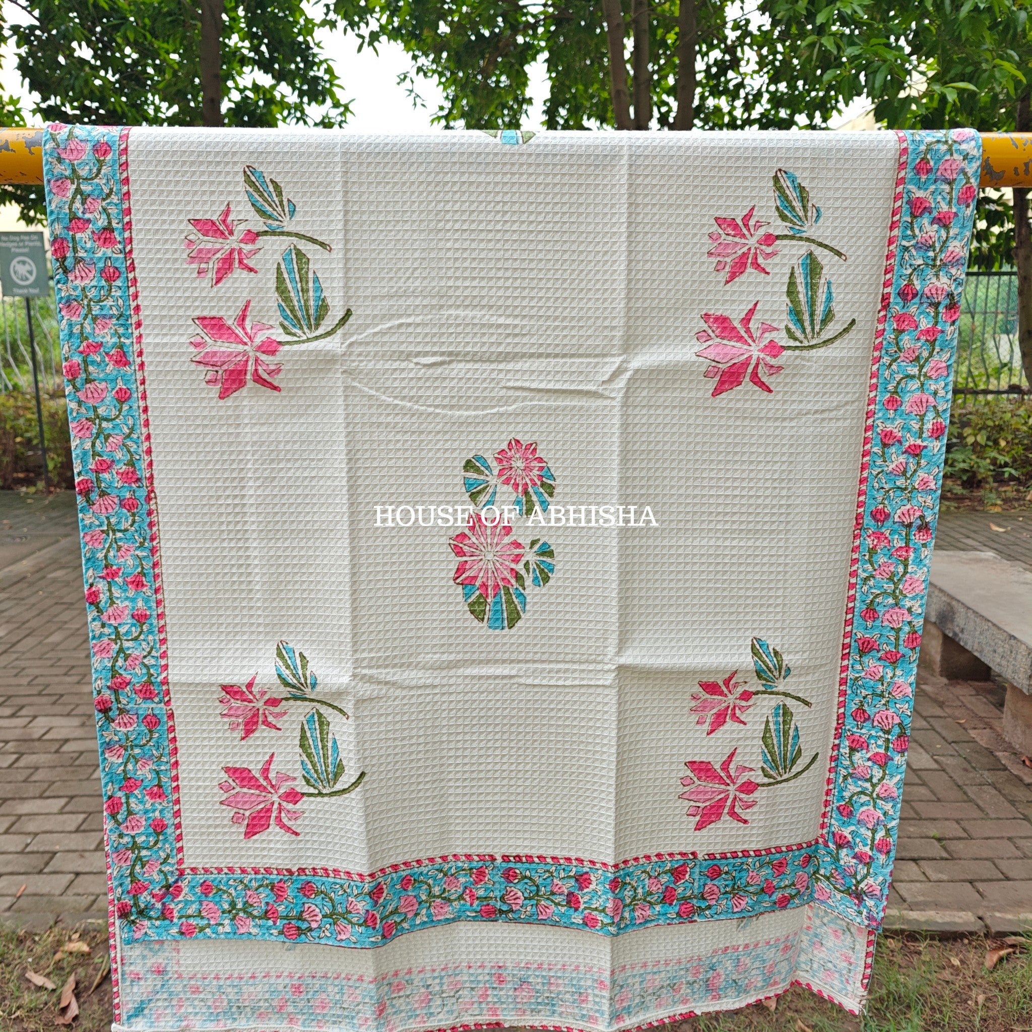 Pink Lily Handblock Waffle Cotton Towel