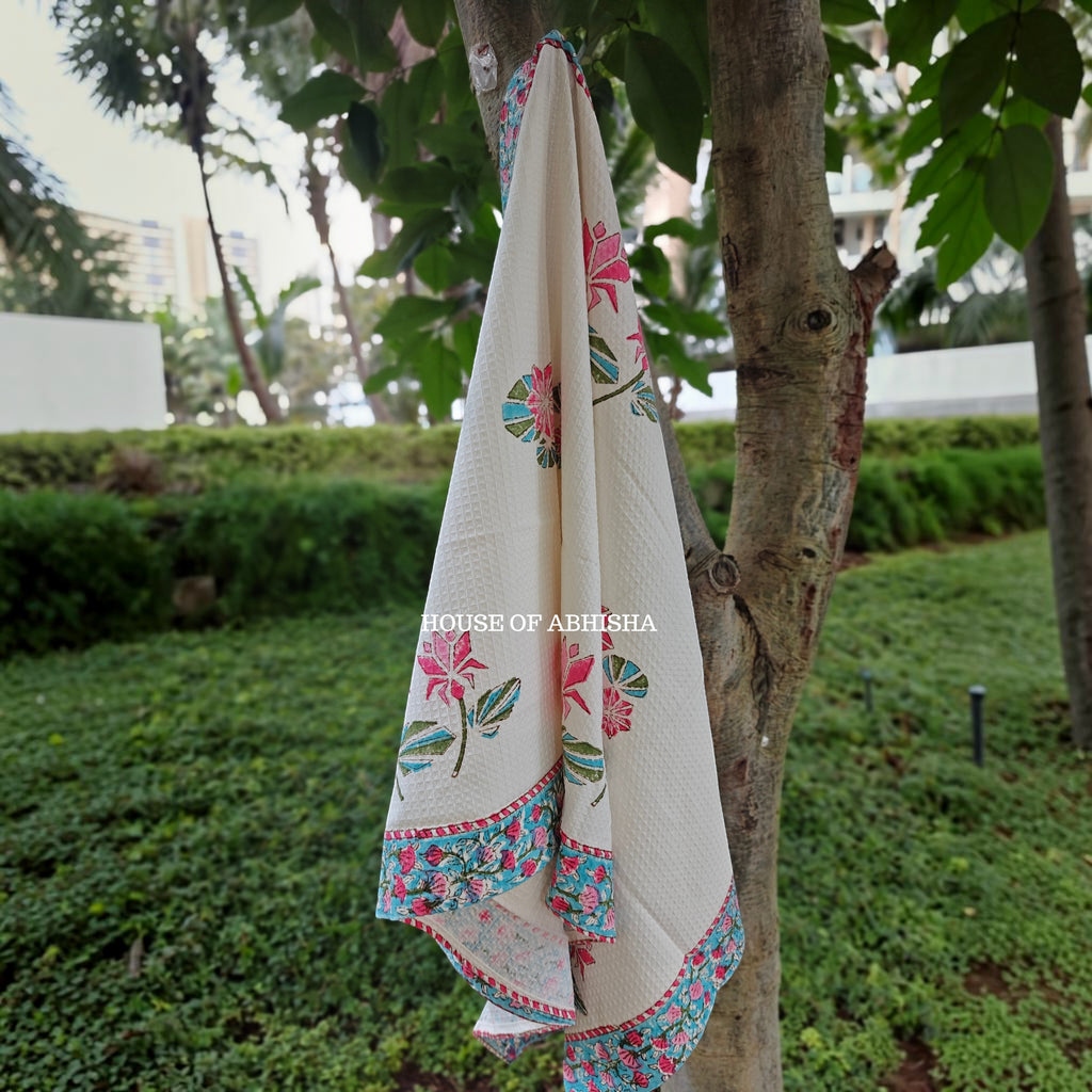 Pink Lily Handblock Waffle Cotton Towel