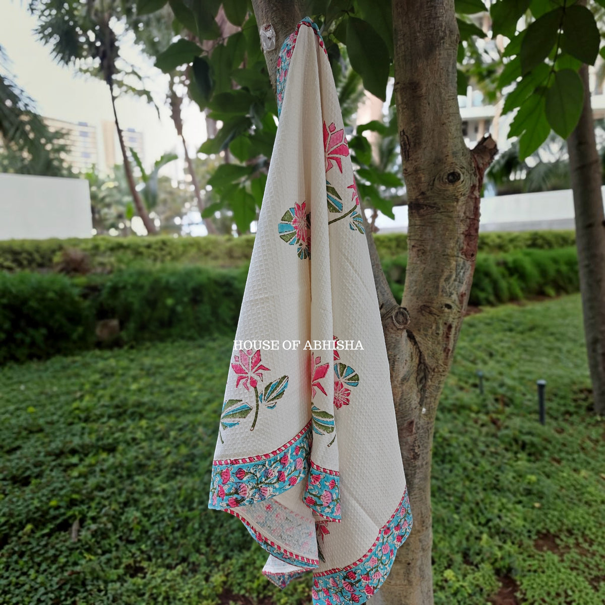 Pink Lily Handblock Waffle Cotton Towel