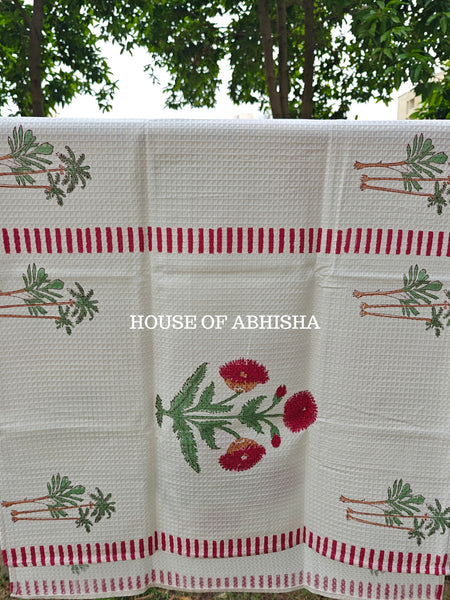 Red Marigold Handblock Waffle Cotton Towel