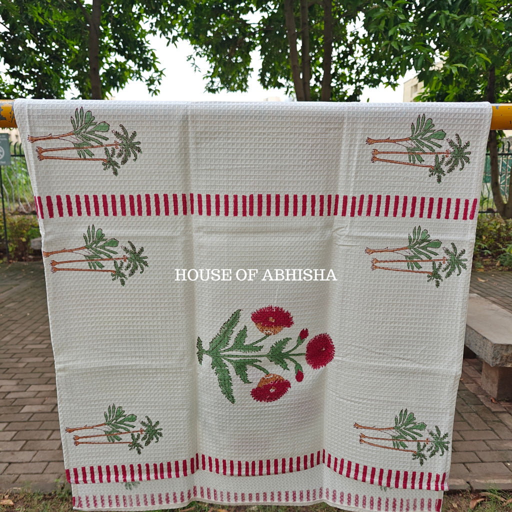 Red Marigold Handblock Waffle Cotton Towel