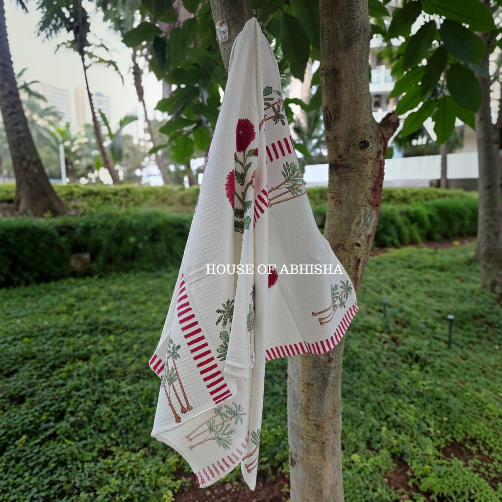 Red Marigold Handblock Waffle Cotton Towel