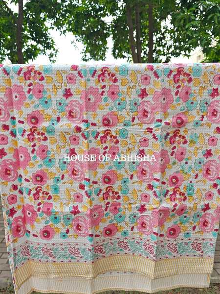 Pink Bloom Handblock Waffle Cotton Towel