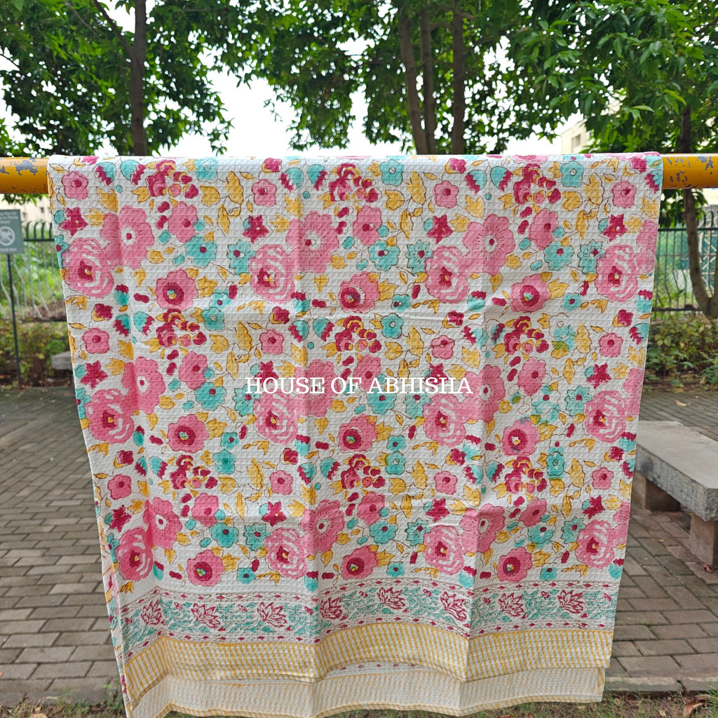 Pink Bloom Handblock Waffle Cotton Towel