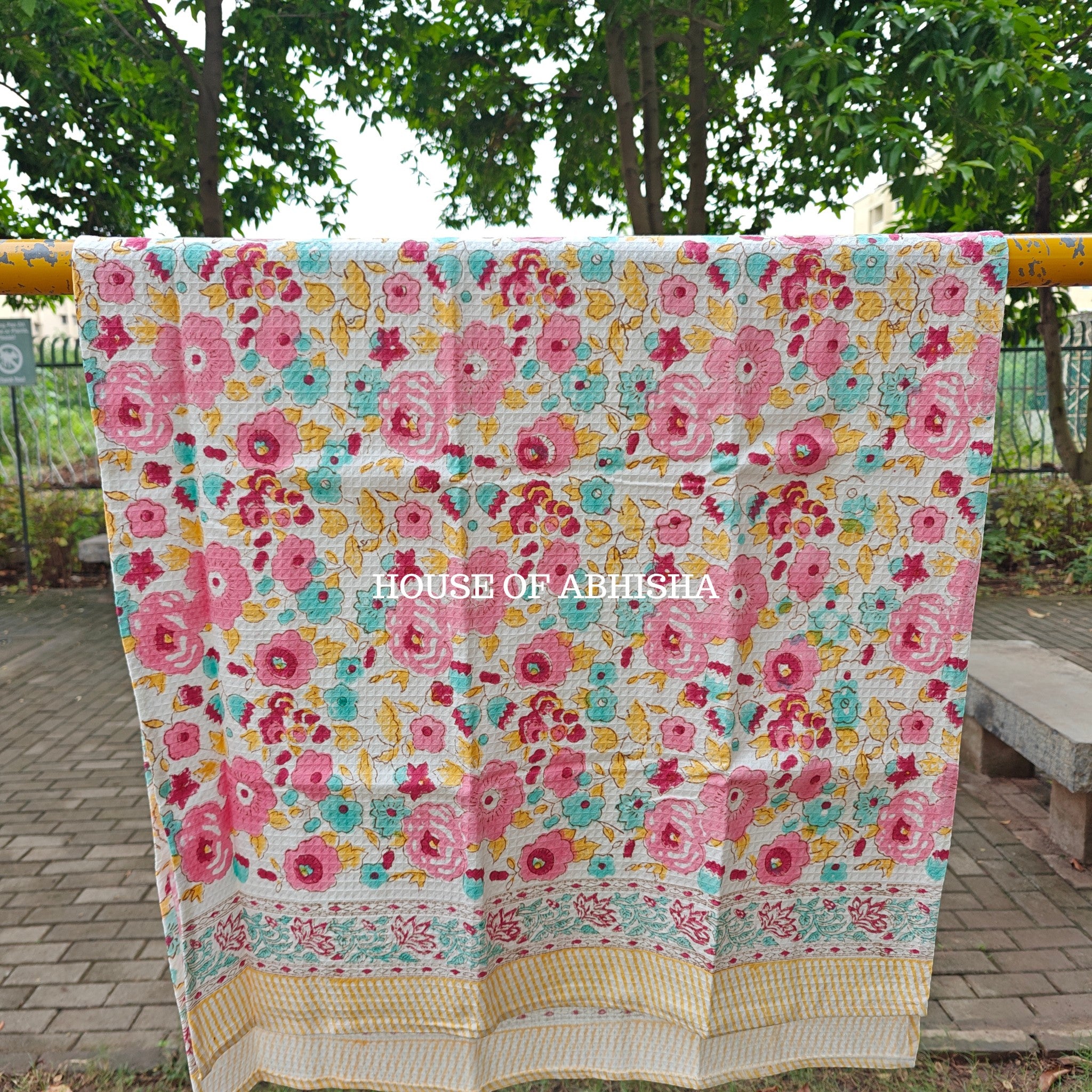 Pink Bloom Handblock Waffle Cotton Towel