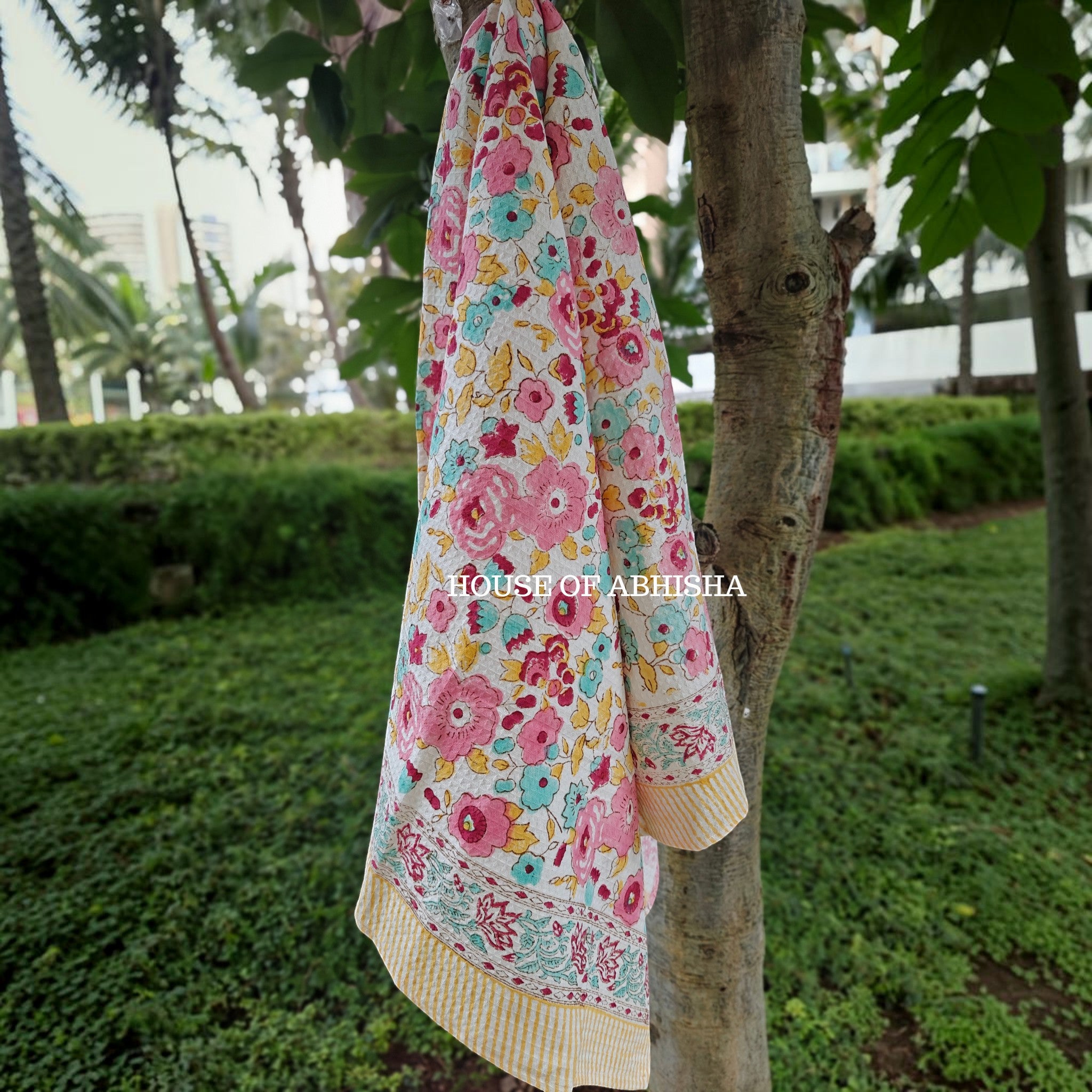 Pink Bloom Handblock Waffle Cotton Towel
