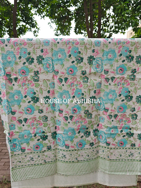 Blue Floral Handblock Waffle Cotton Towel