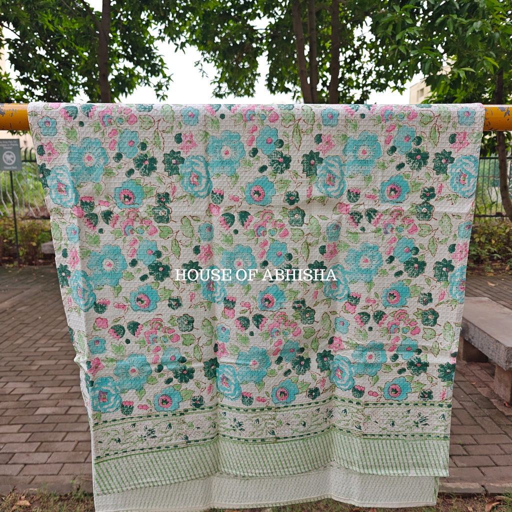 Blue Floral Handblock Waffle Cotton Towel