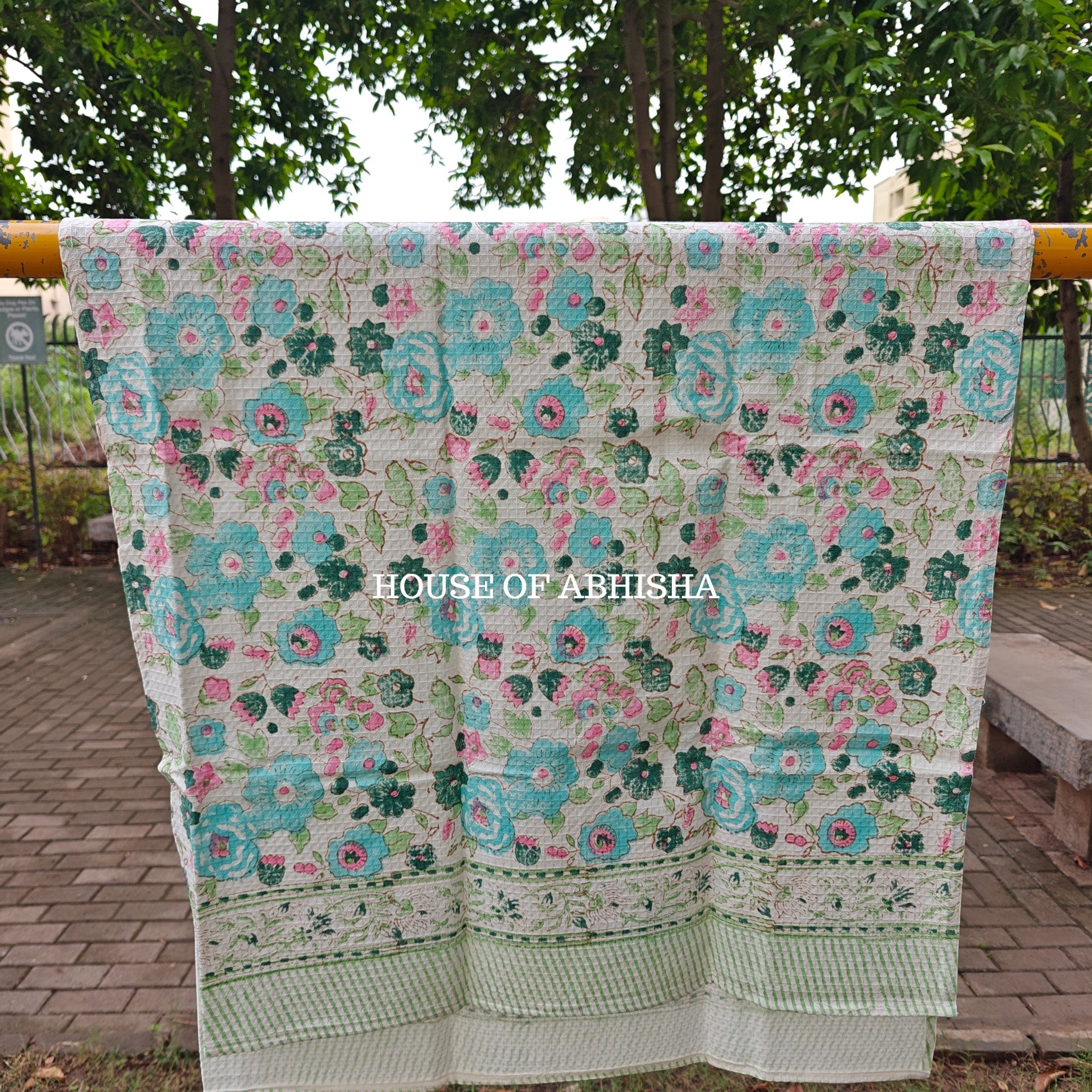 Blue Floral Handblock Waffle Cotton Towel