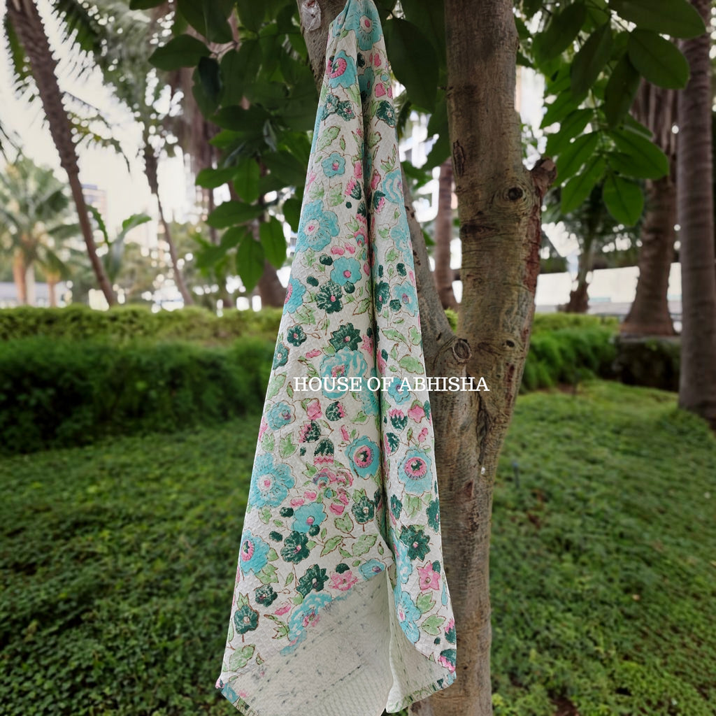 Blue Floral Handblock Waffle Cotton Towel