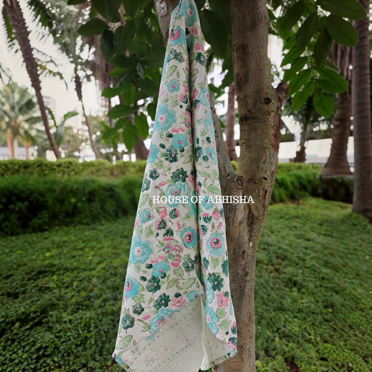 Blue Floral Handblock Waffle Cotton Towel