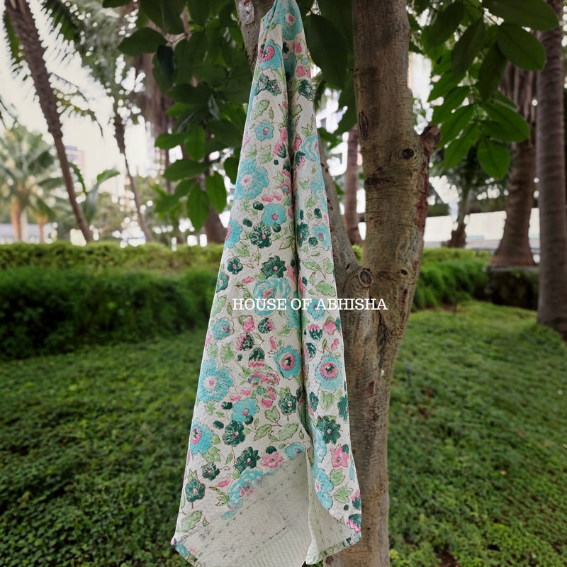 Blue Floral Handblock Waffle Cotton Towel