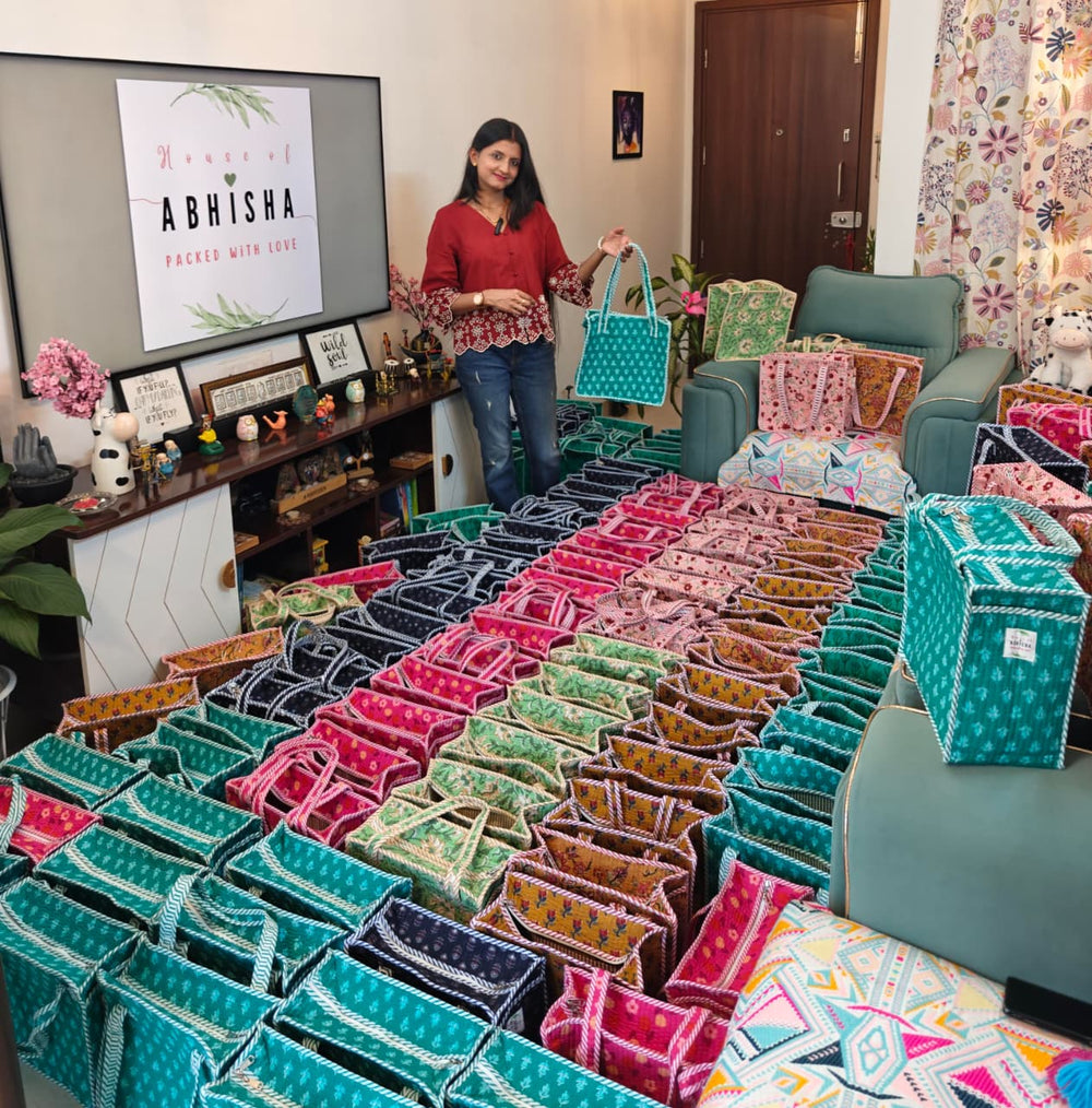 Hand block printed quilted totes and pouches by House of Abhisha