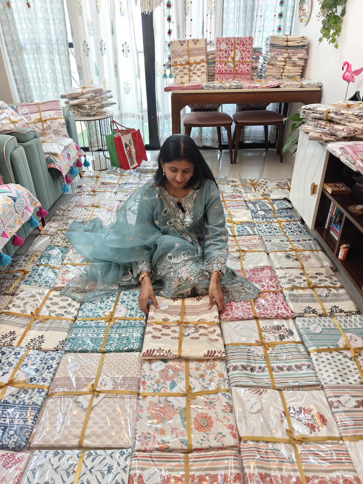 Close detail of hand block printed quilted bedding